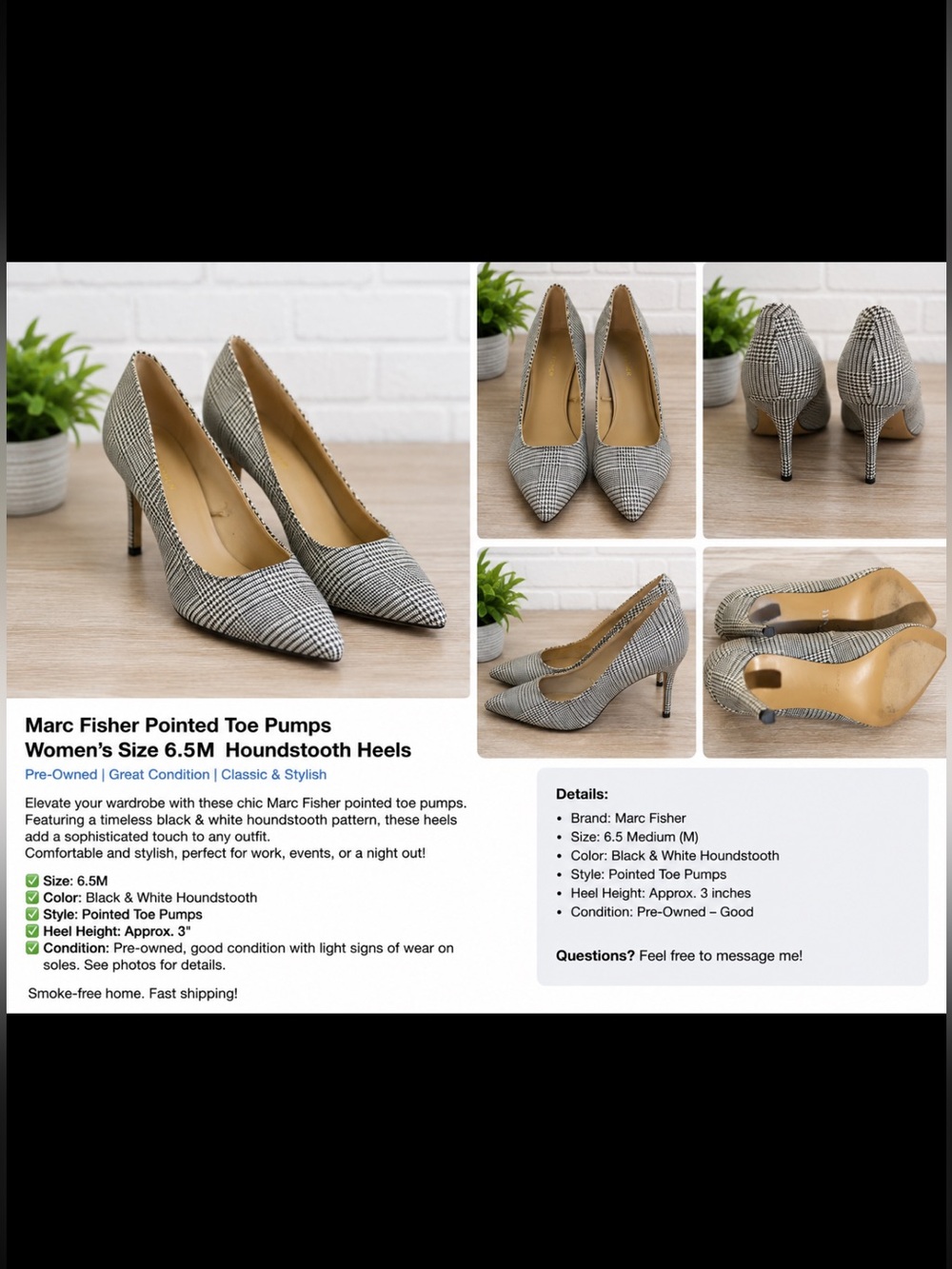 Marc Fisher Pointed Toe Pumps in Black & White Houndstooth